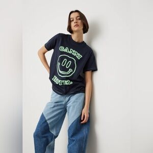 Ganni Navy Tee with Neon Green Print